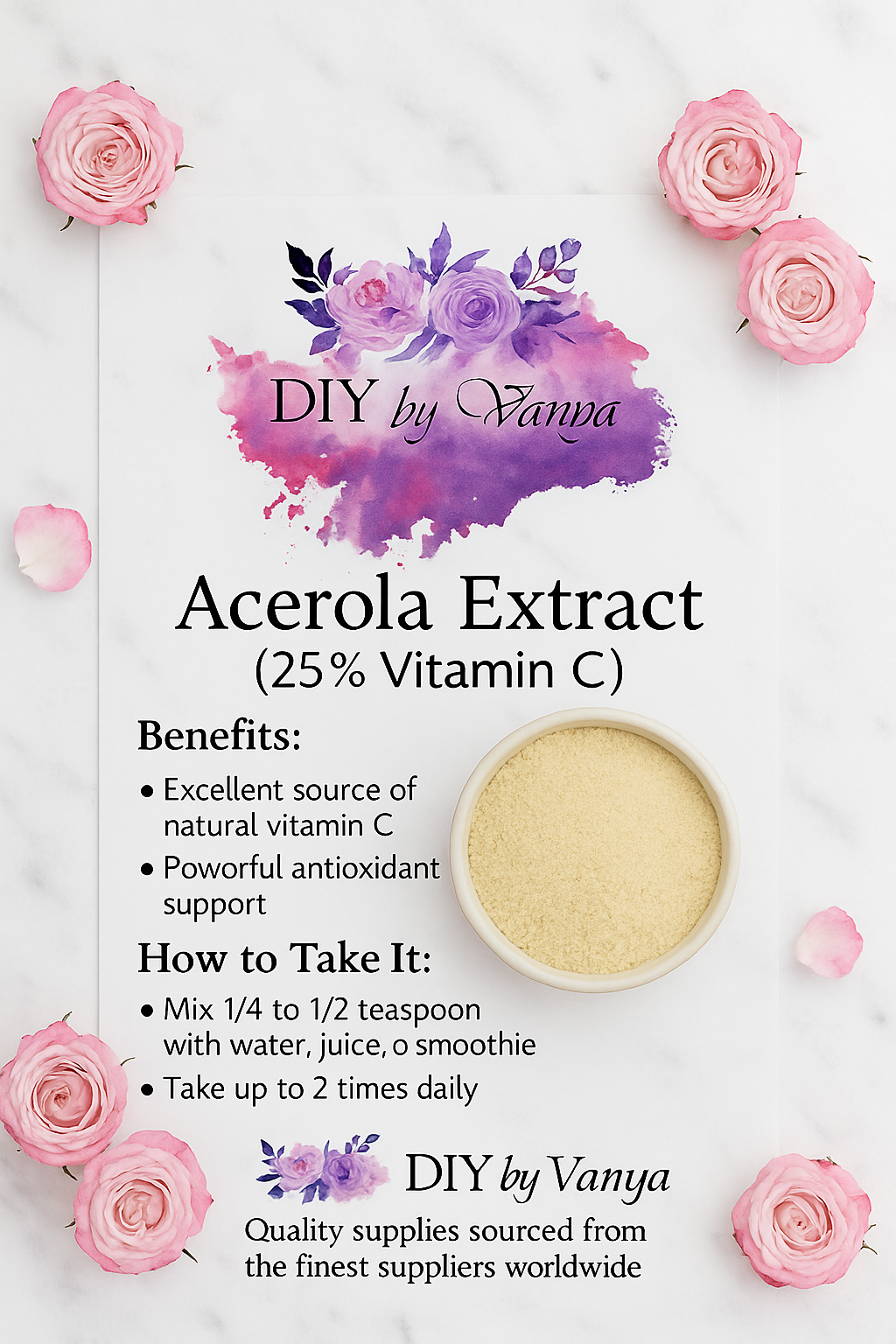 Acerola Extract (25% Vitamin C) Non-GMO, 100 Pure, Kosher, Raw, Non-Fillers, No Additives, Vegan, Bulk